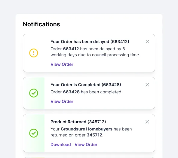 Casera notifications: an order delayed, an order completed and a product returned