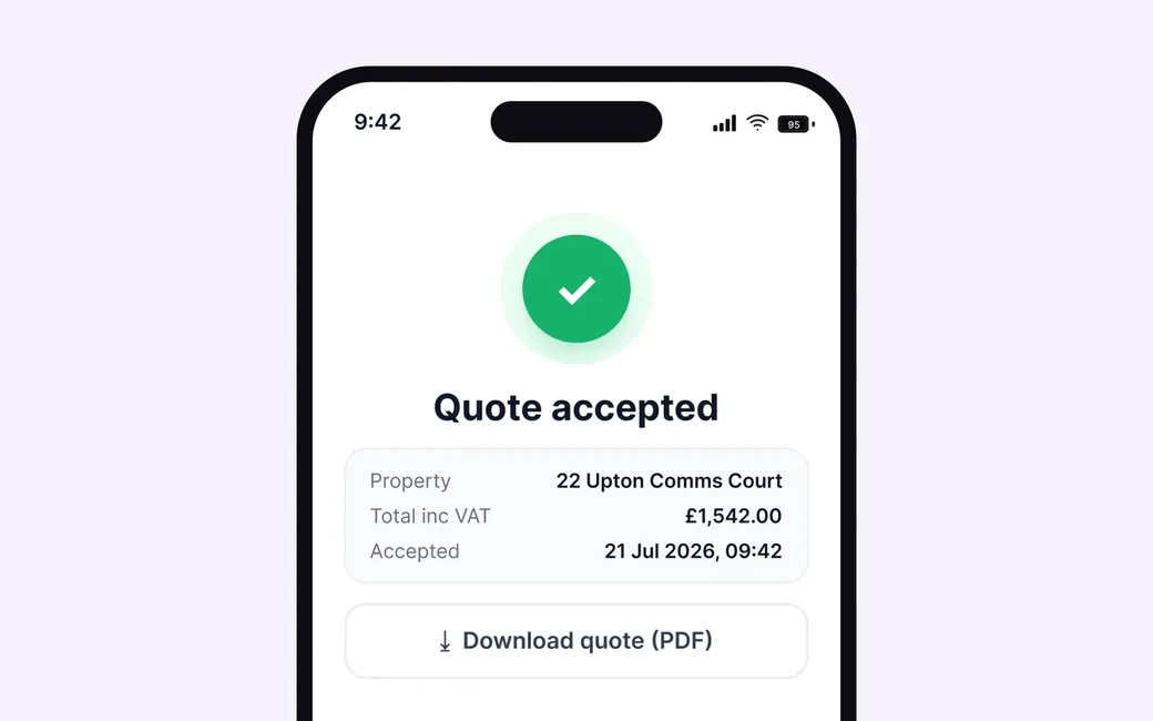 The quote accepted confirmation on the client’s phone: the property, the total including VAT, when it was accepted, and a button to download the PDF quote