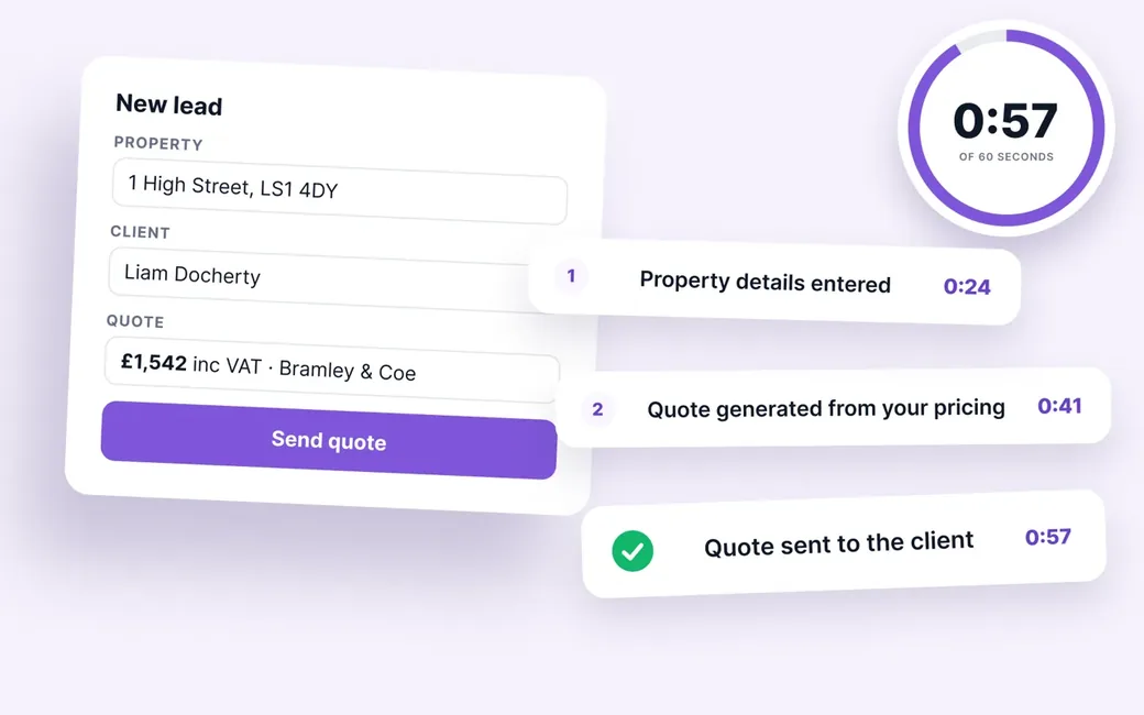 The agent’s new lead form beside a 60-second countdown, ending with the quote sent to the client at 57 seconds