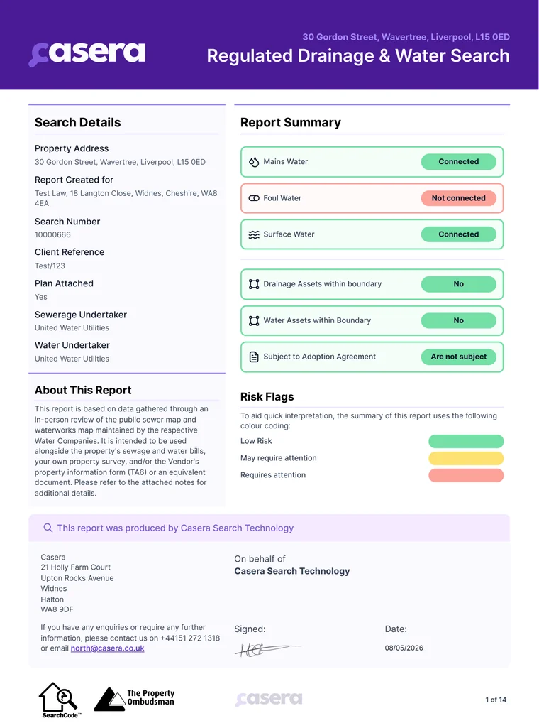 Page one of the sample Regulated Drainage & Water Search: search details, the report summary and the risk flag key